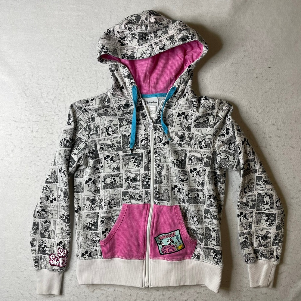 Disney Parks Mickey Mouse Comic Strip Full Zip Hoodie Small Pink White Graphic